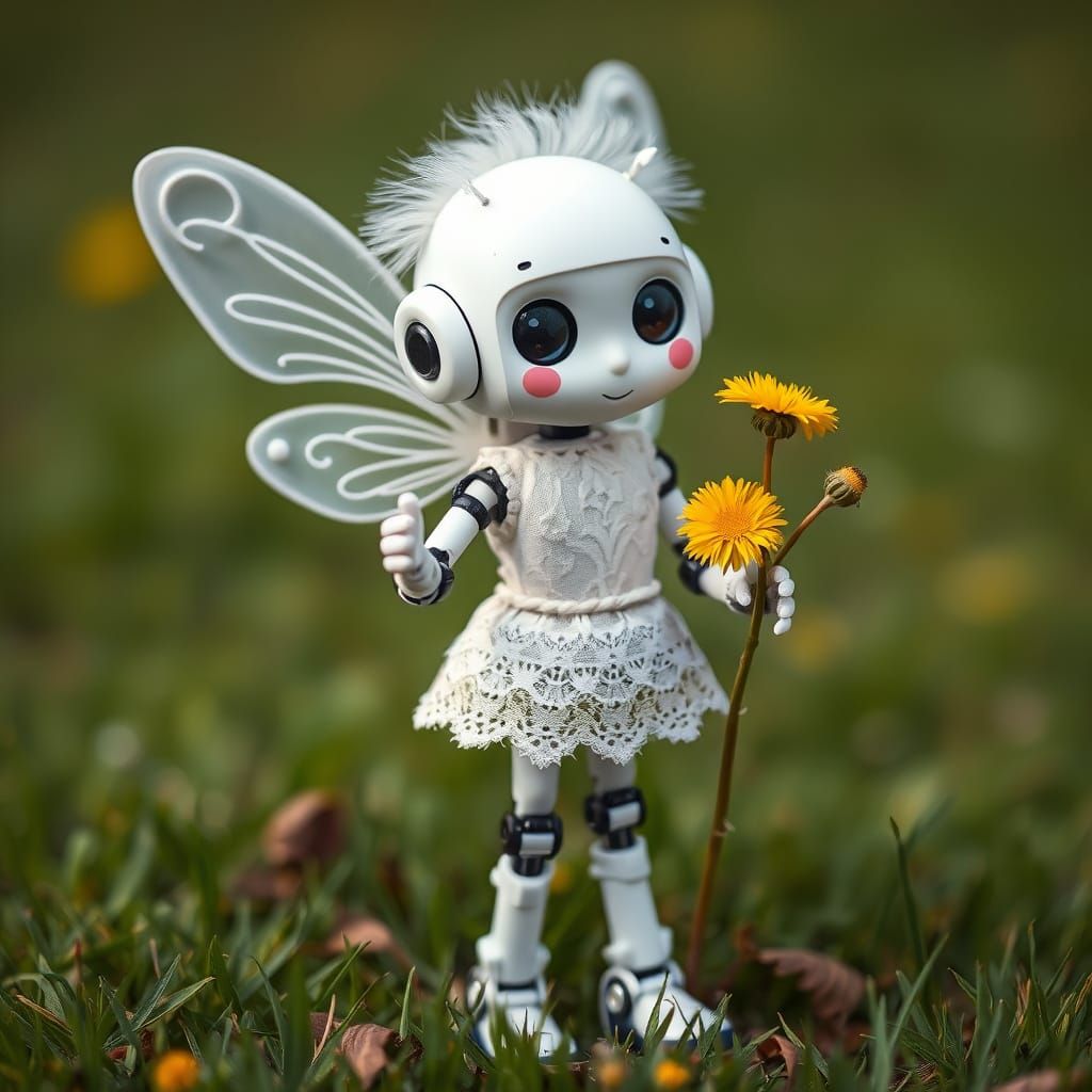 Robotic Fairy Girl with Dandelions on Grassland