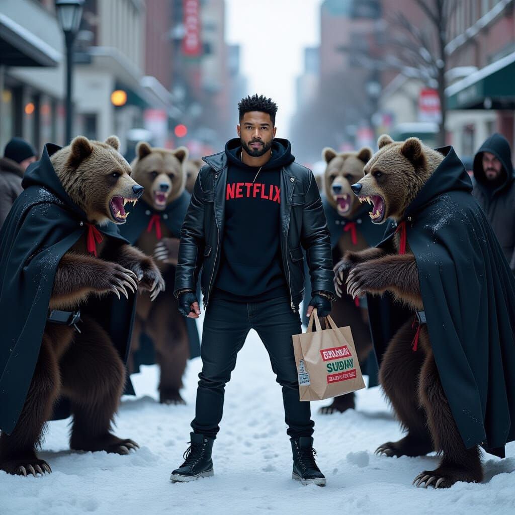 Smug Man Versus Vampire Bears in Gothic Horror Style