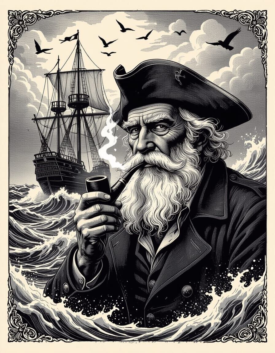 Grizzled Sailor and Tall Ship in Stormy Seas