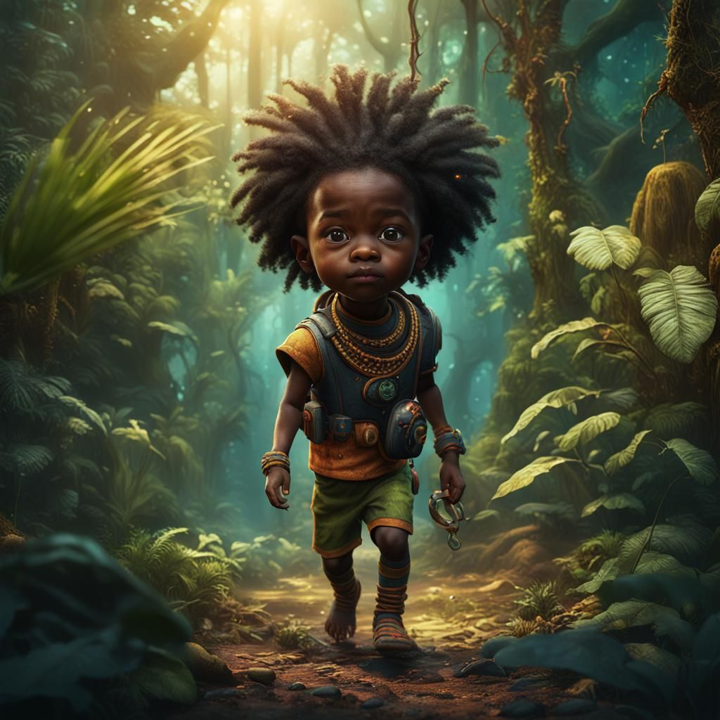 African Child in Jungle: Detailed Fantasy Concept Art