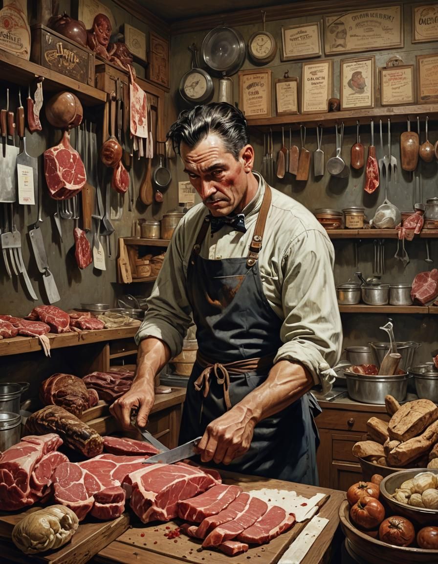 Vintage Butcher Shop Scene in 1940s Style