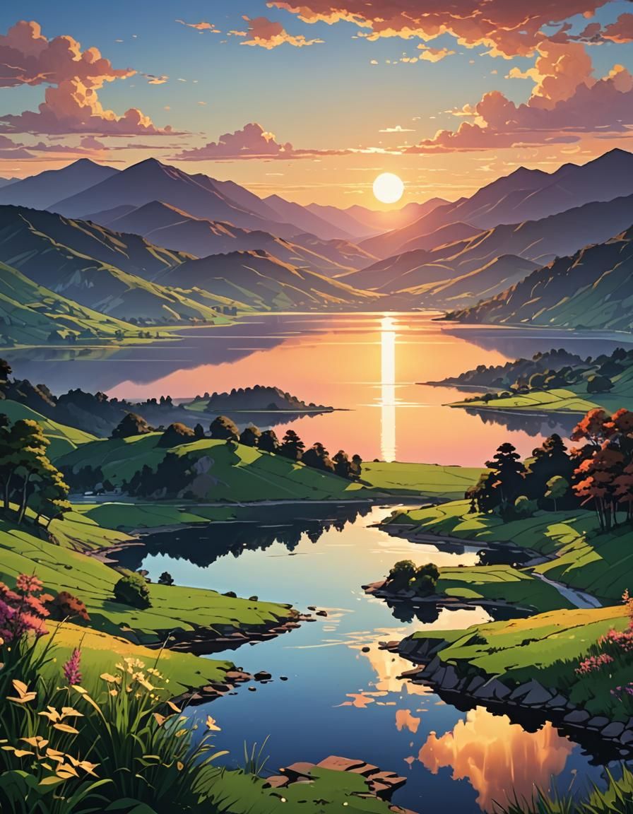 Anime Sunset Over Lake and Hills Landscape