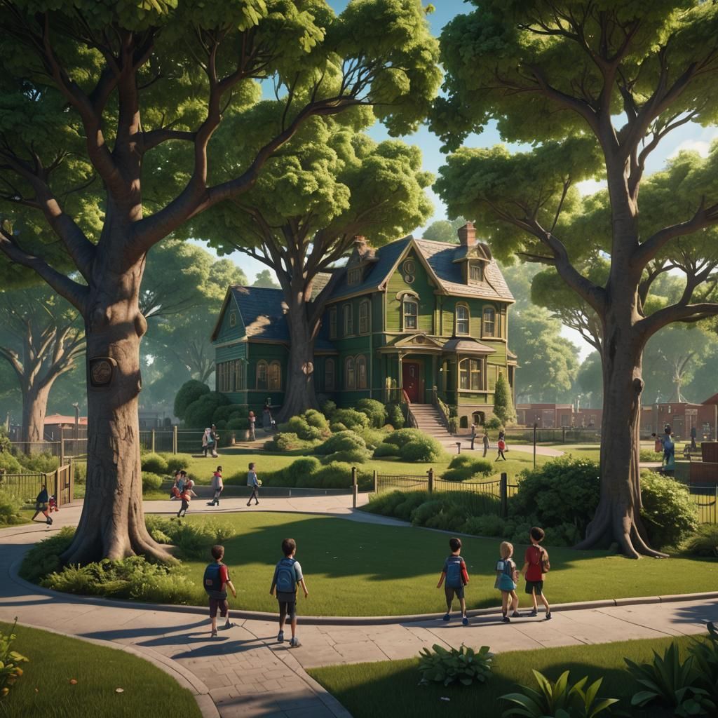 Children Playing Outside Schoolhouse: Matte Painting