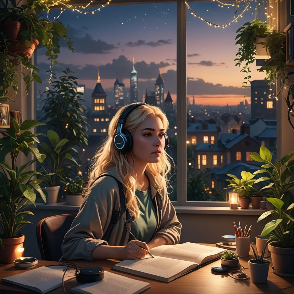 Lofi Slavic Girl Studying at Night, Cityscape View