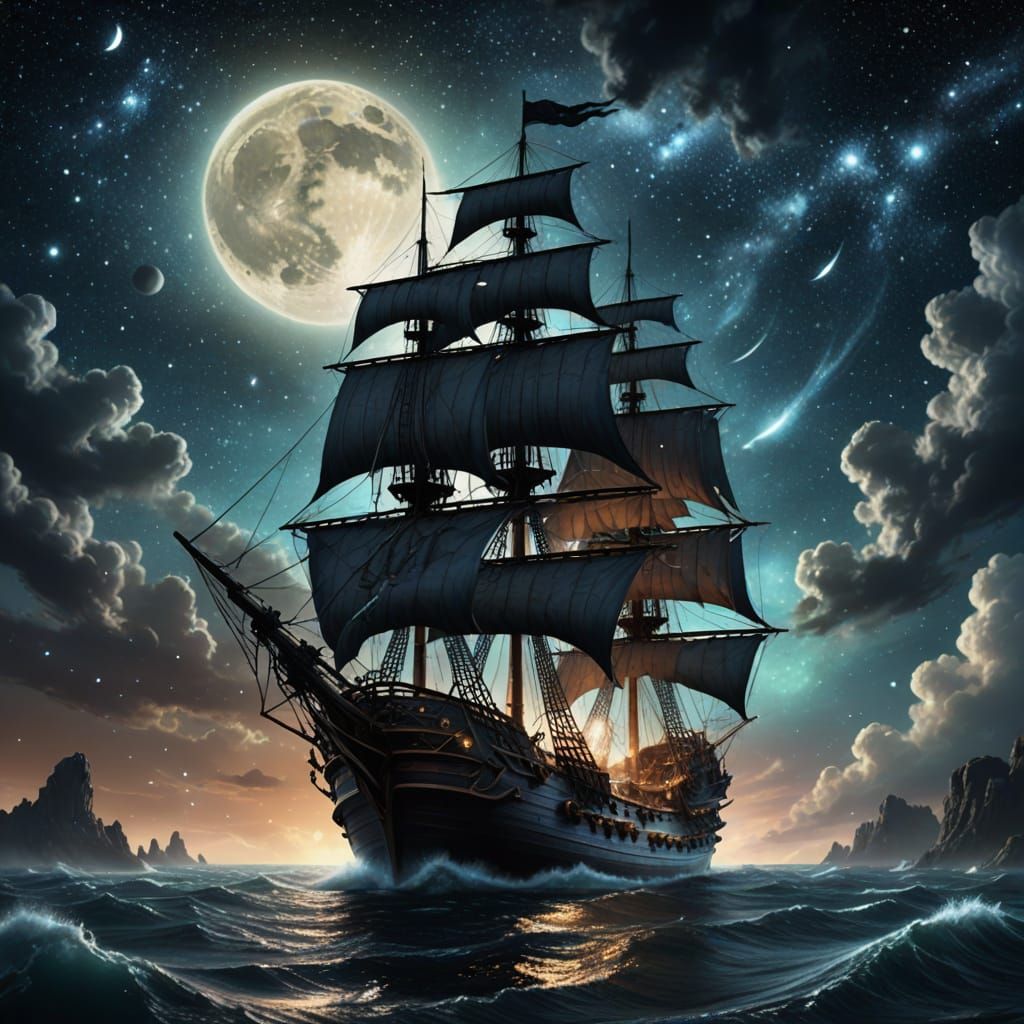 Ghostly Galleon Sails Through Starry Galactic Night Sky