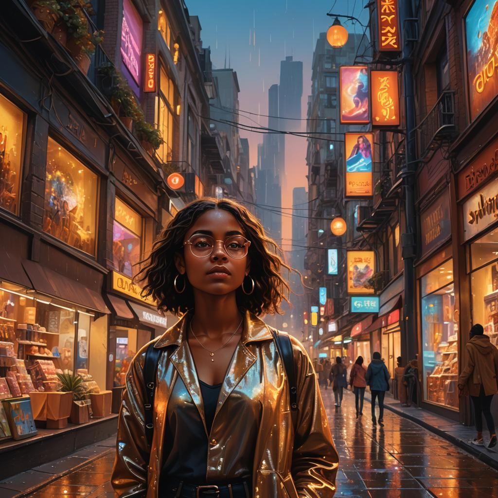 Girl Shopping in City with Neon Lights