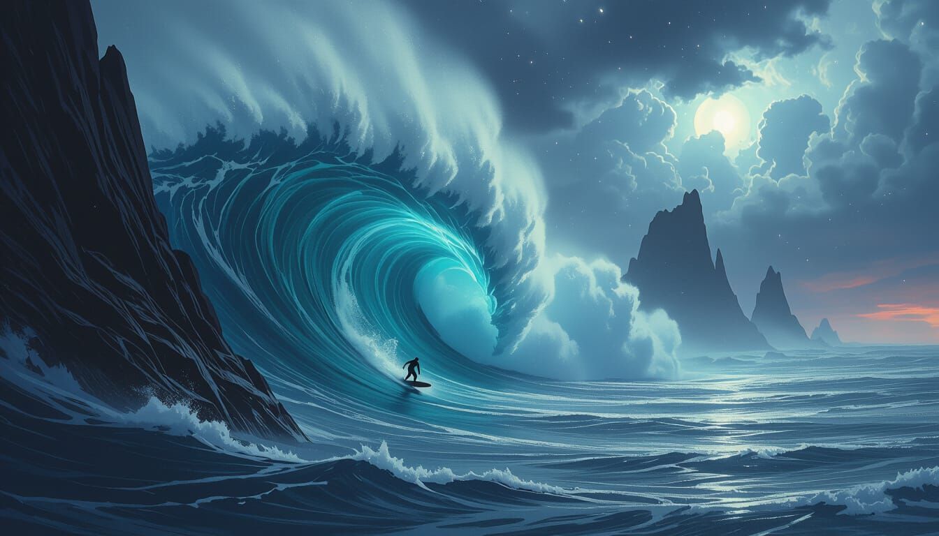 Surfer on Colossal Wave Under Stormy Twilight Sky