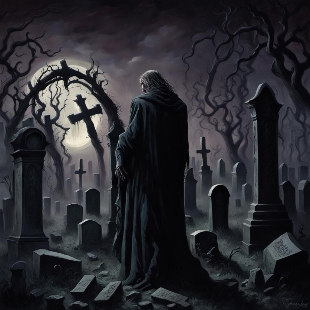 Gothic Horror Cemetery Scene in Dark Romanticism Style