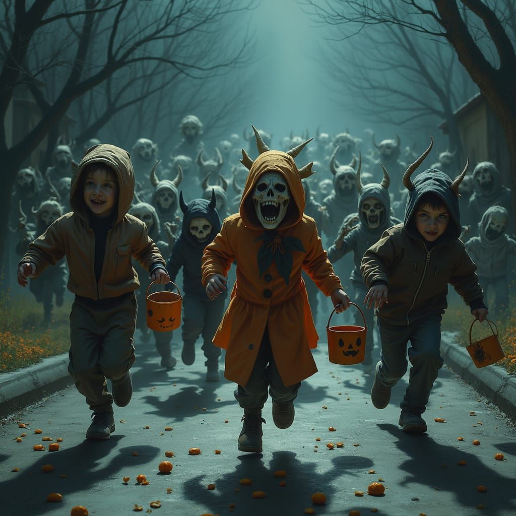 Halloween Costumed Children Flee Skeletal Beasts