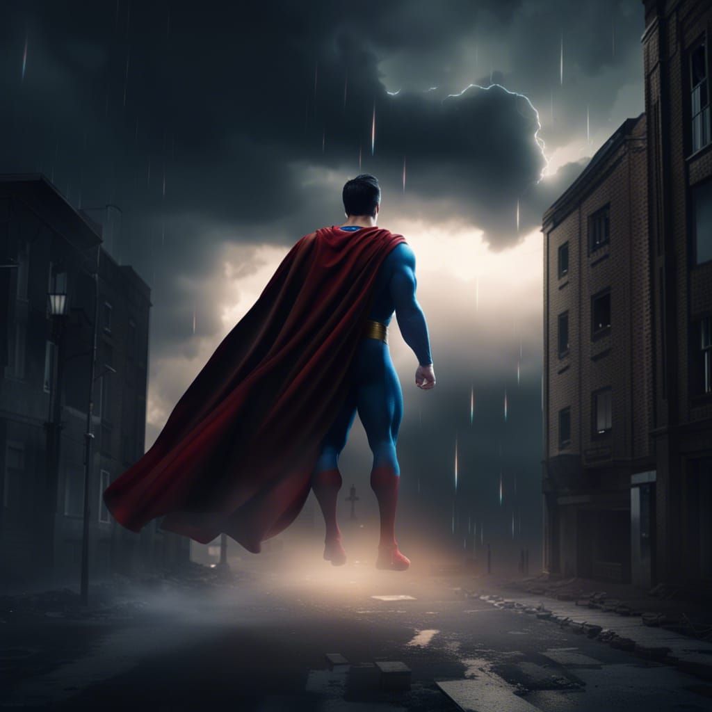 Superman in Stormy Sky: Cinematic Art