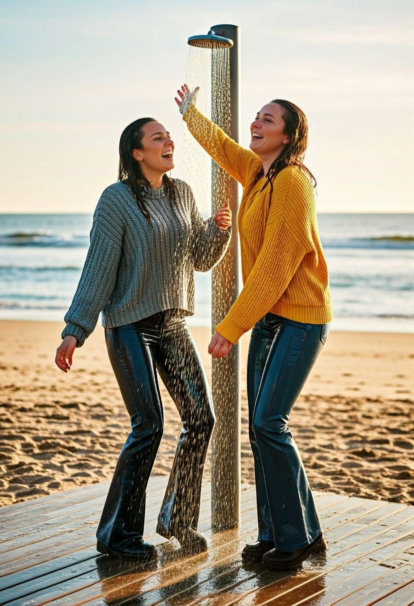 Friends Enjoying Beach Shower on Autumn Afternoon