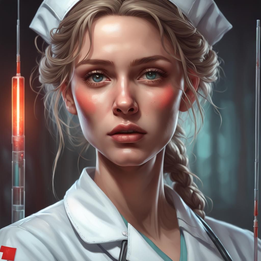 Nurse Portrait with Needle in Hyperdetailed Lighting