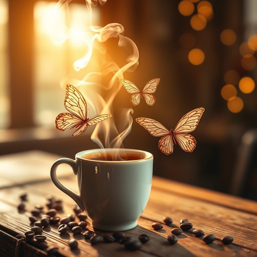 Coffee and Butterflies in Whimsical Watercolor Style