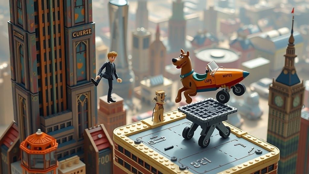 Lego Skyscraper Landing: A Surreal 3D Rendered Scene