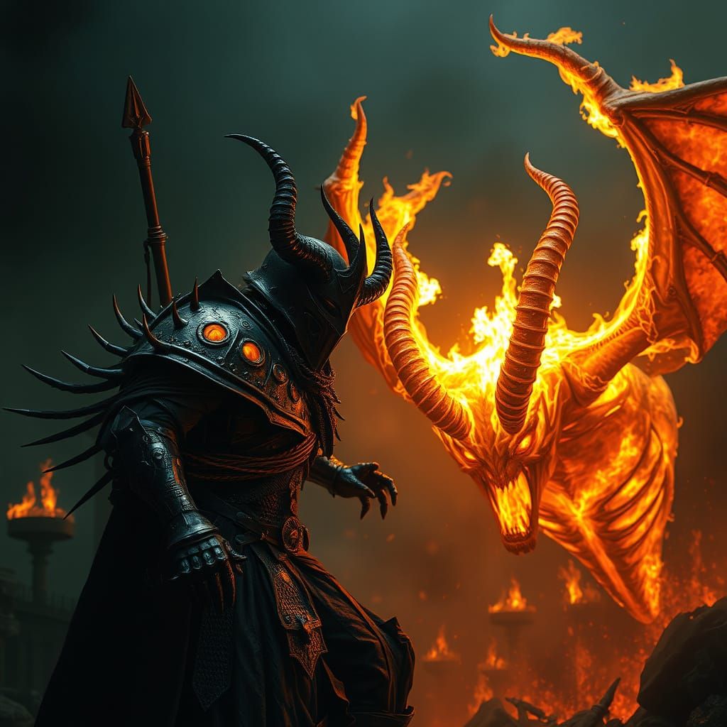 Armored Warrior Battles Demon in Hellish Landscape