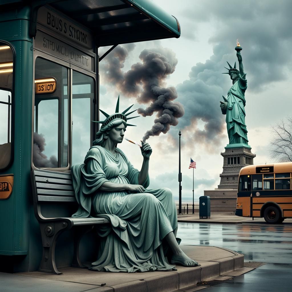 Statue of Liberty Smoking at Bus Stop