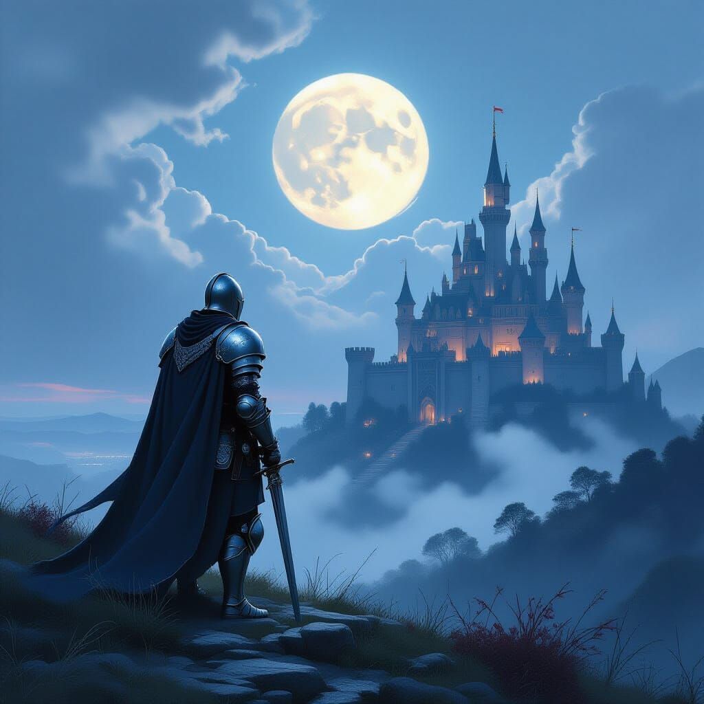 Knight Gazes at Distant Castle Under Ethereal Moonlight