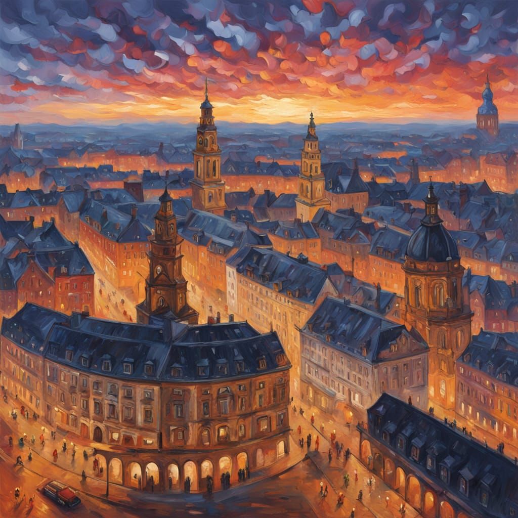 Dresden Skyline at Dusk: Neo-Impressionist Masterpiece