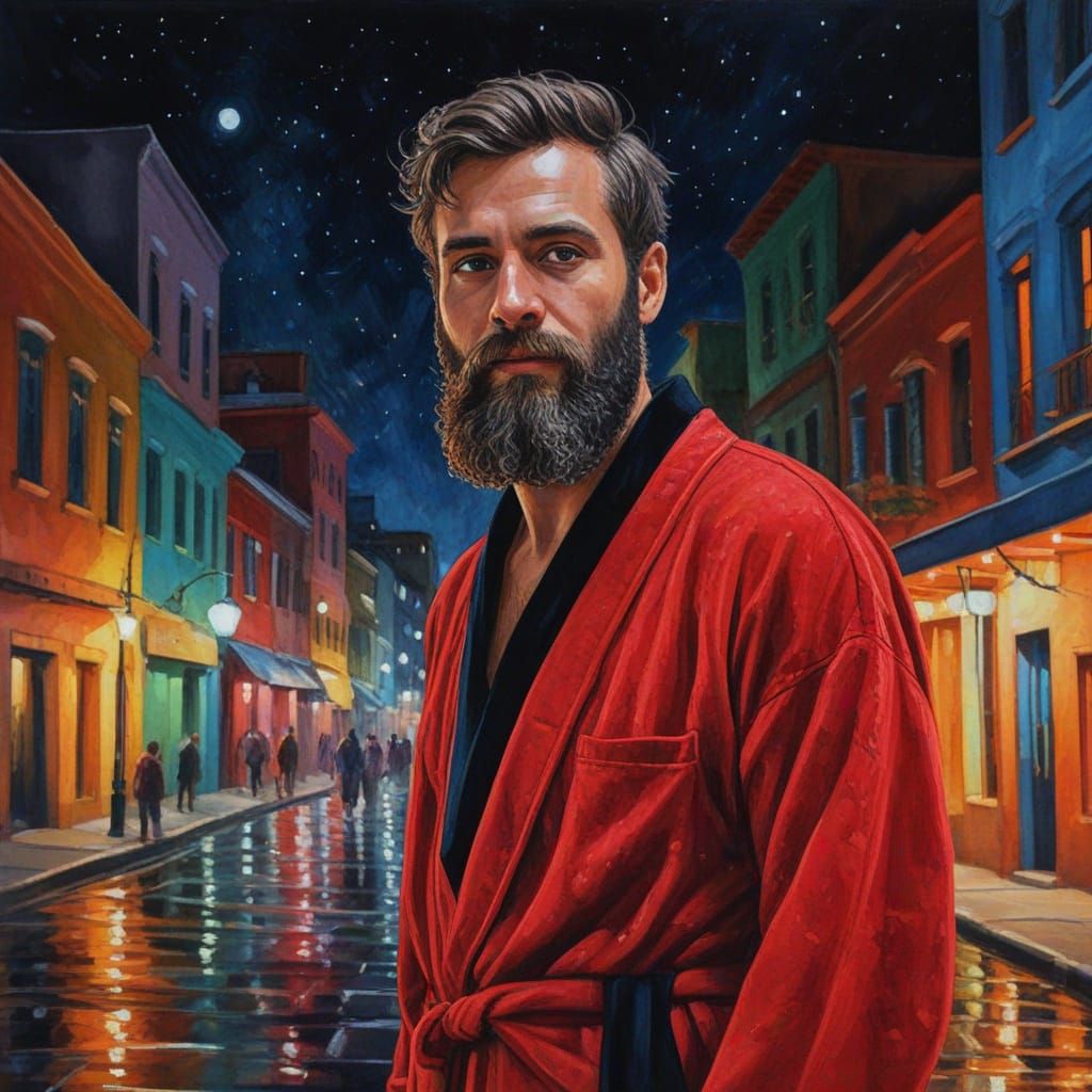 Joyful Bearded Man in Indian City Nightscape Oil Painting