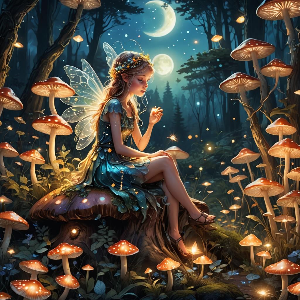 Fairy on Mushroom in Moonlit Forest, Folk Art
