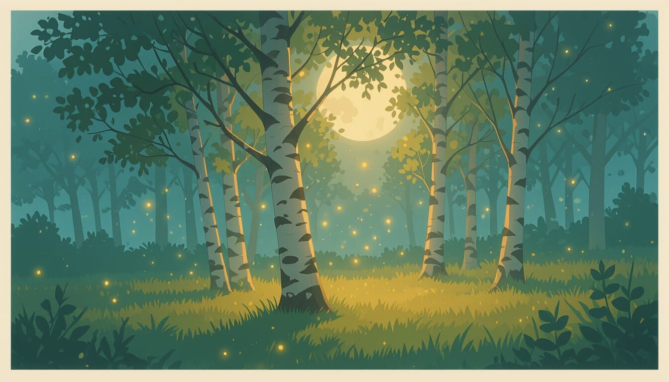 Ethereal Birch Tree in Moonlit Landscape