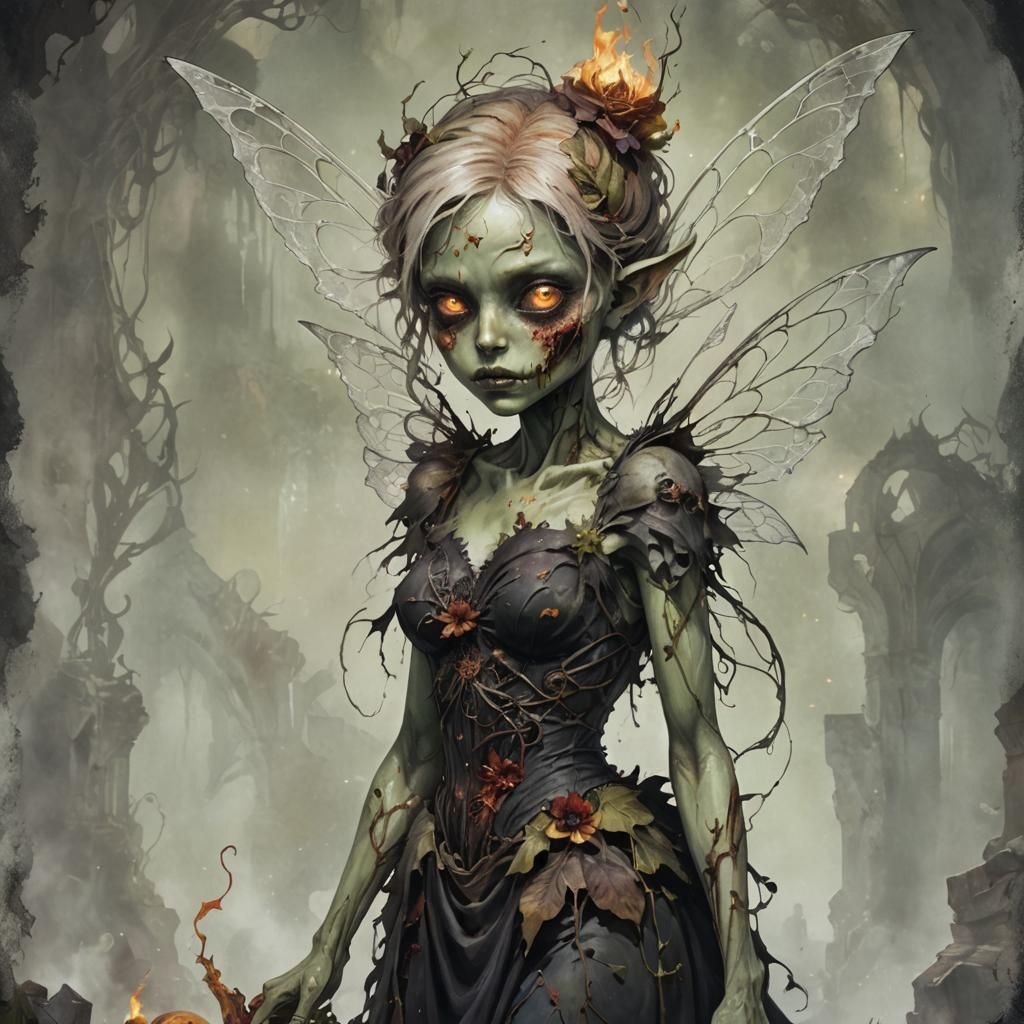 Zombie Fairy in Apocalyptic Ruins: Dark Fantasy Illustration