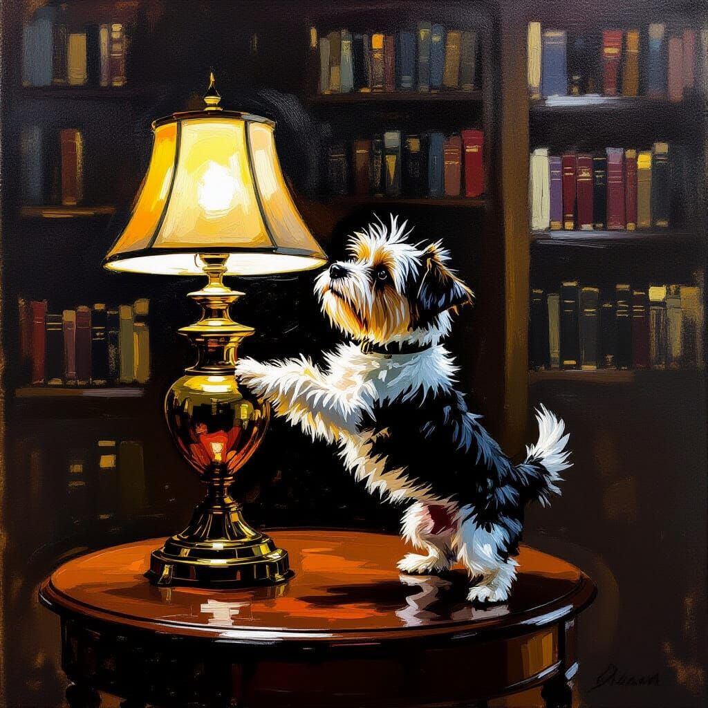 Impressionist Dog Scratches Ornate Lamp in Dim Library
