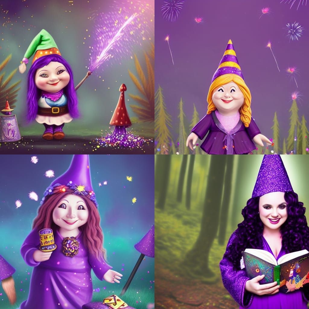 Smiling Gnome with Purple Hair in Magical Scene