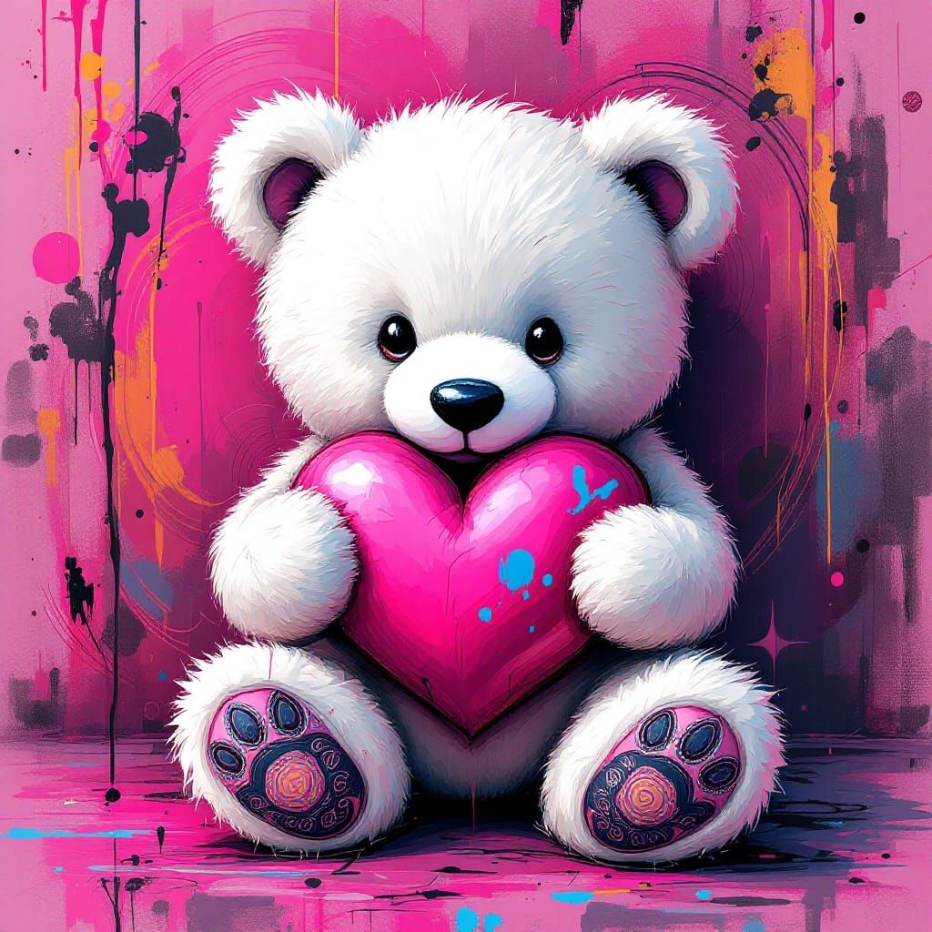 Teddy Bear Holding a Heart in Vibrant Swirly Pink Background
