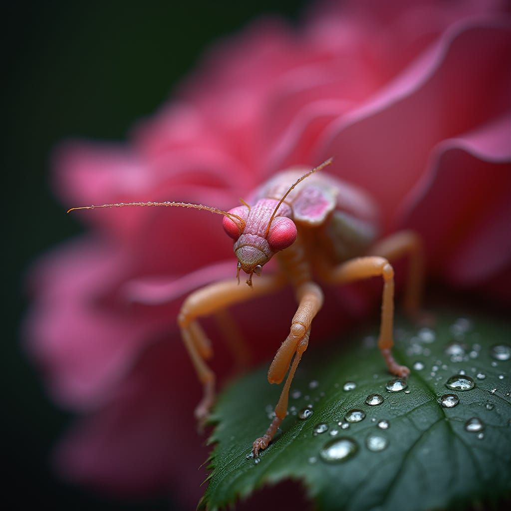 Vibrant Pink Mantis on Dewy Rose Leaf