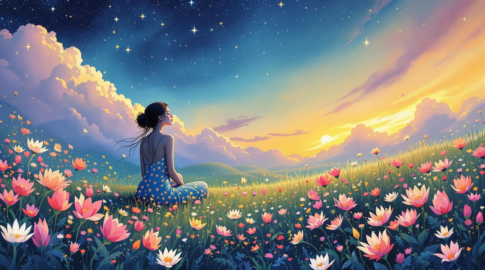 Dreamcore Woman in Blooming Meadow, Naive Art