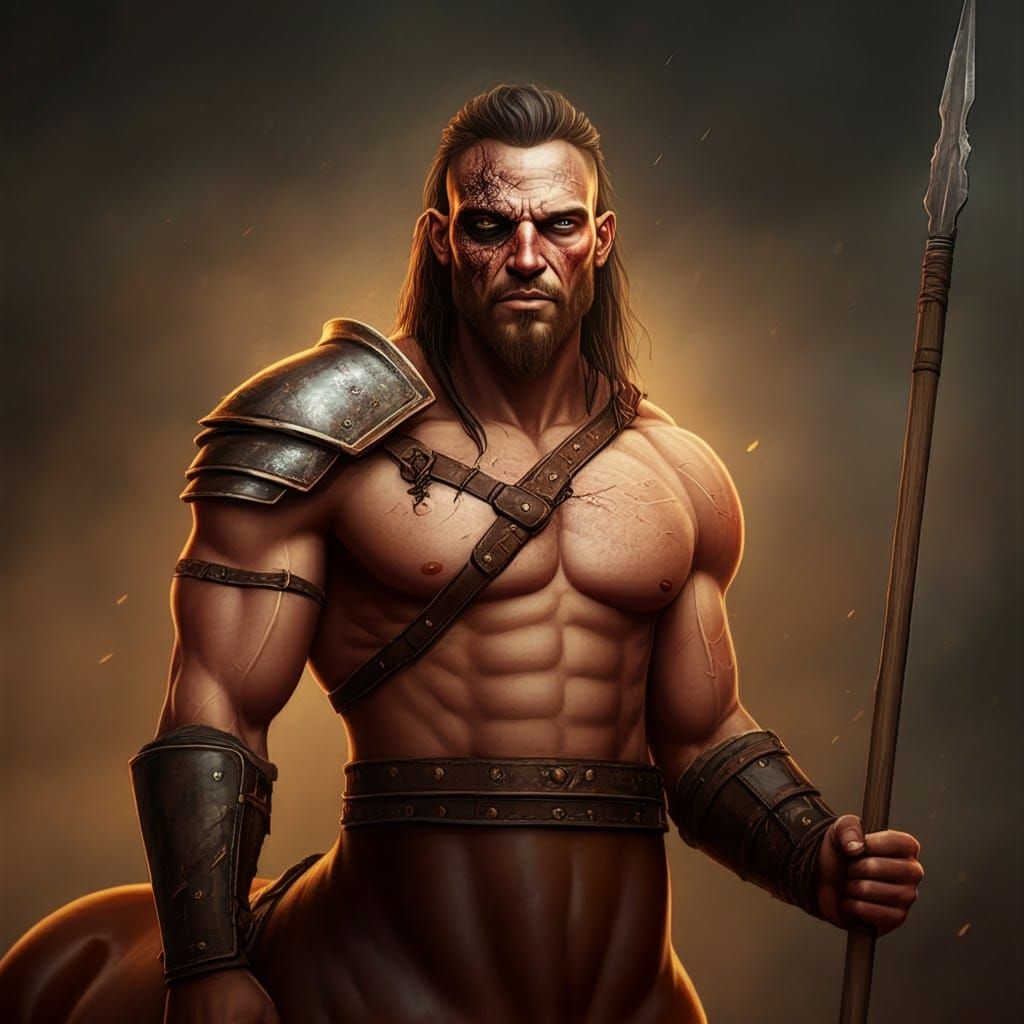 35 year old male centaur warrior with leather chestplate and...