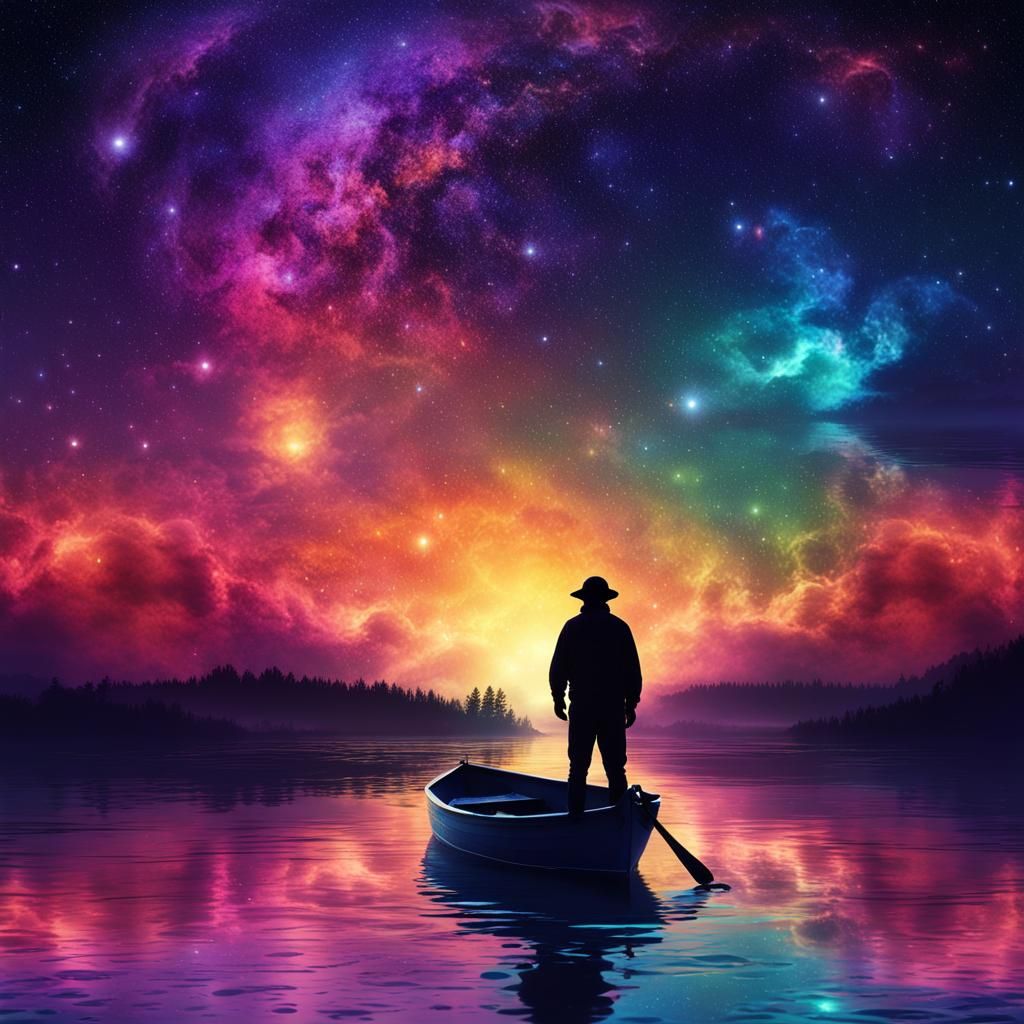 Fisherman Silhouetted Under Iridescent Galaxy Sky