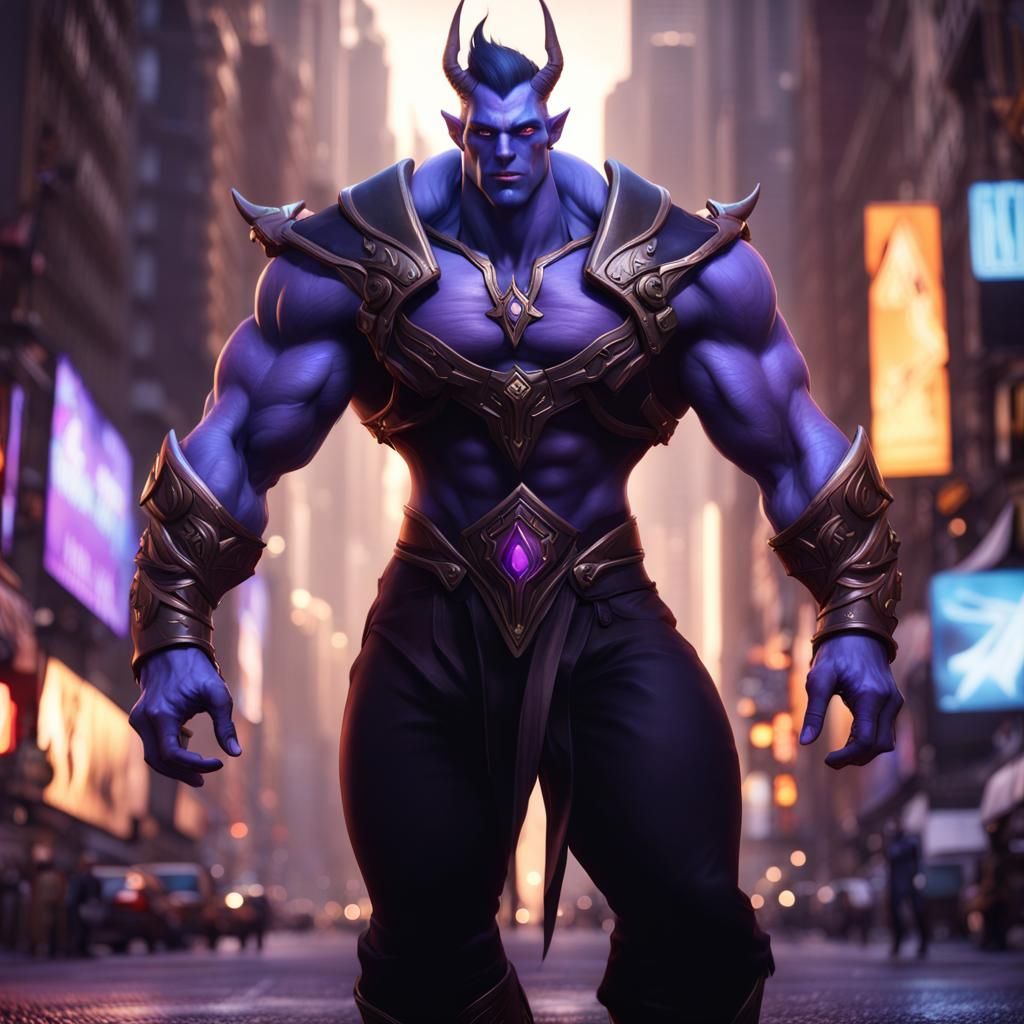 Galaxy-Skinned Void Elf on City Street in Detailed Matte Pai...