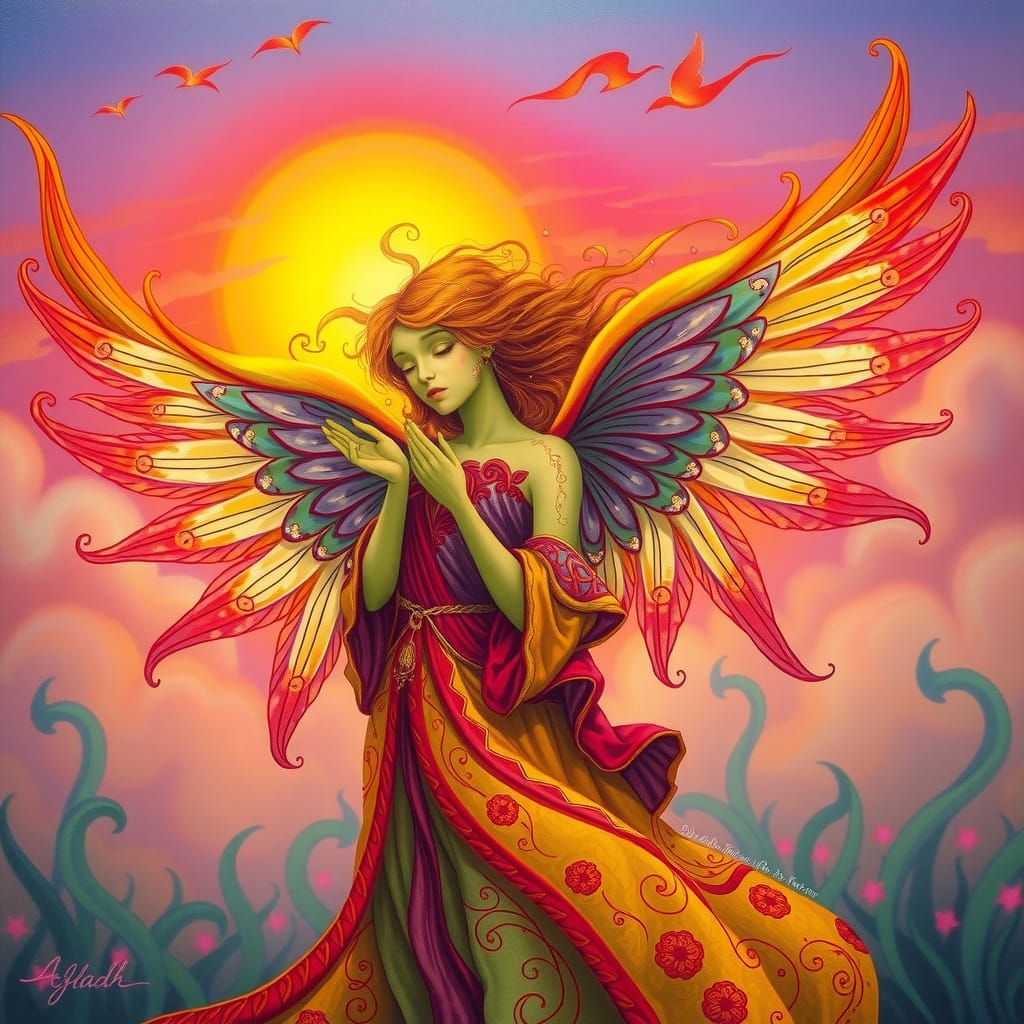 Majestic Dream Angel in Vibrant Sunset Colors