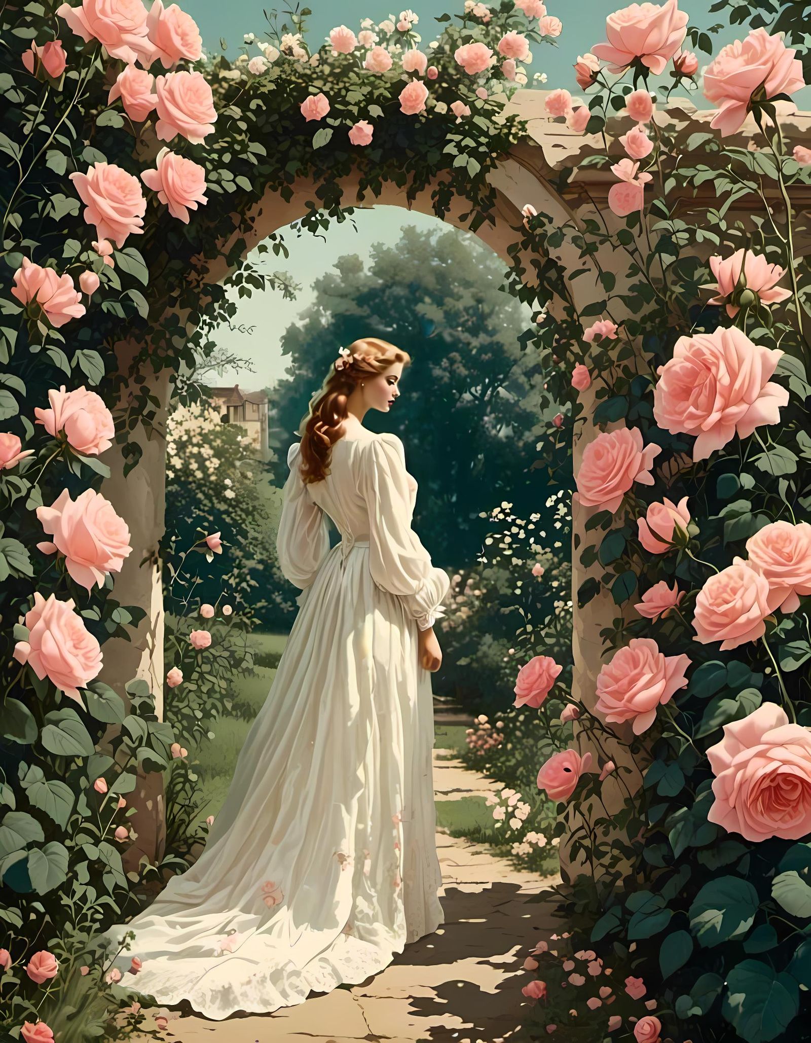 Woman in White Dress in Rose Archway: Vintage Style