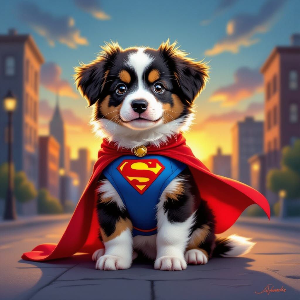 Adorable Puppy in Superhero Costume at Sunset