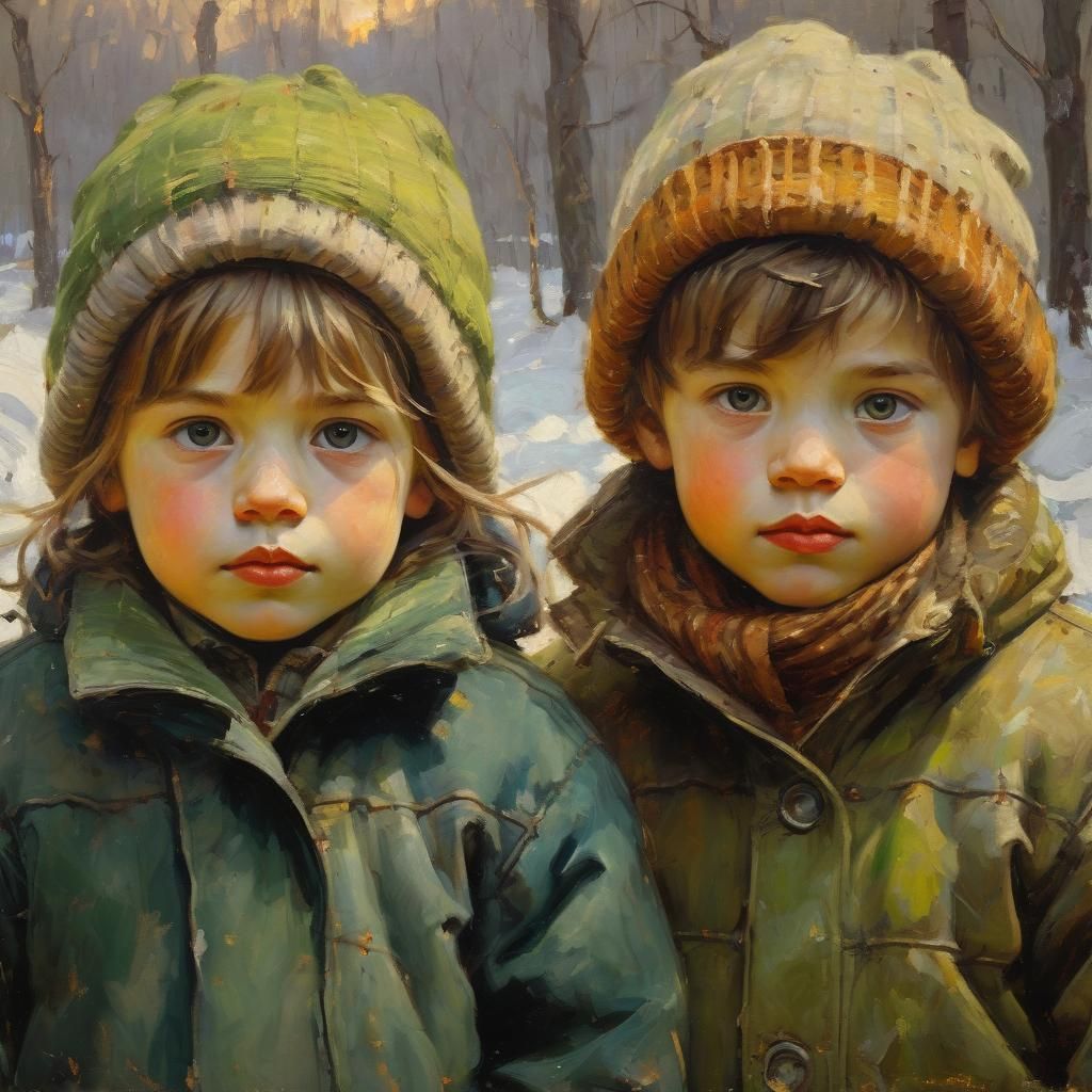 Twins in Winter Landscape, Impressionist Oil Painting