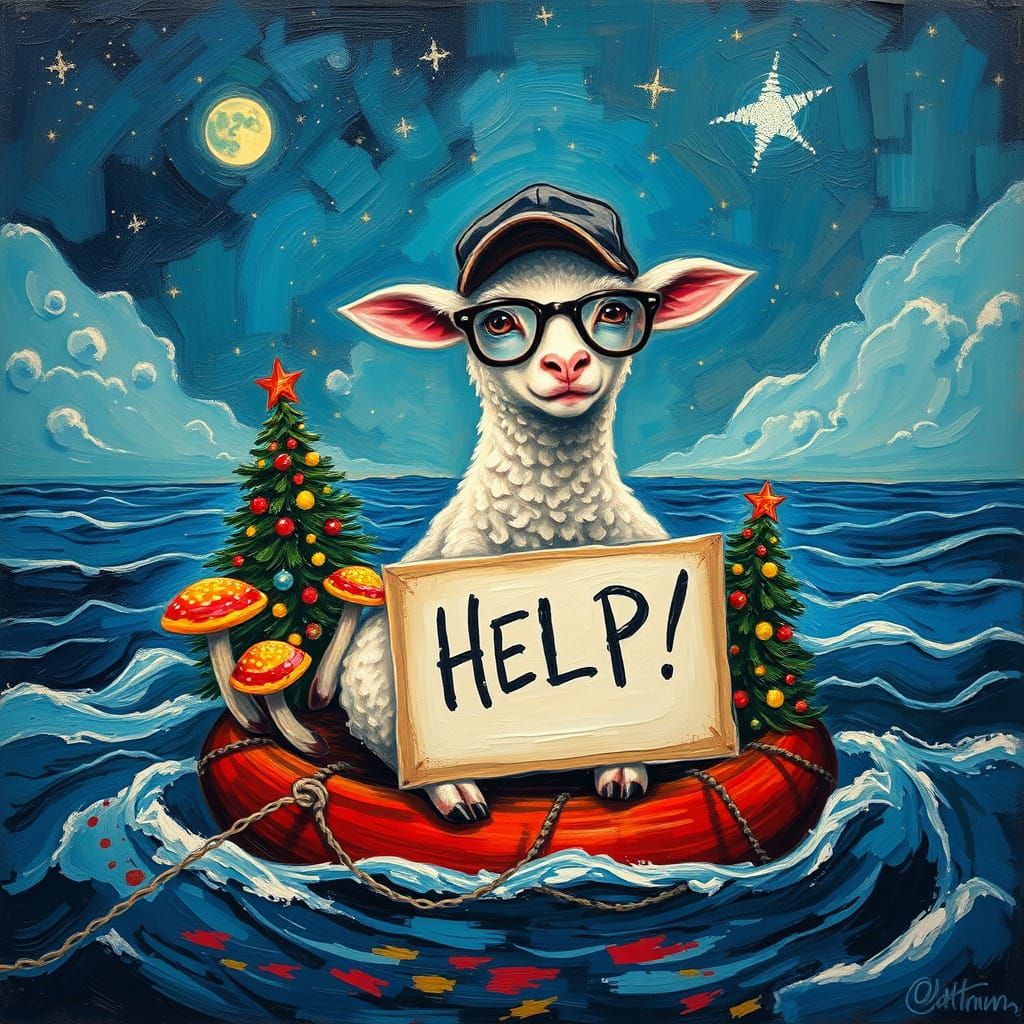 Lamb on Raft in Ocean, Neo-Impressionism Style