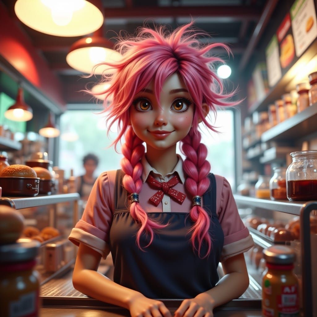 A Young Woman Manages Chaos Behind a Bustling Fast Food Coun...