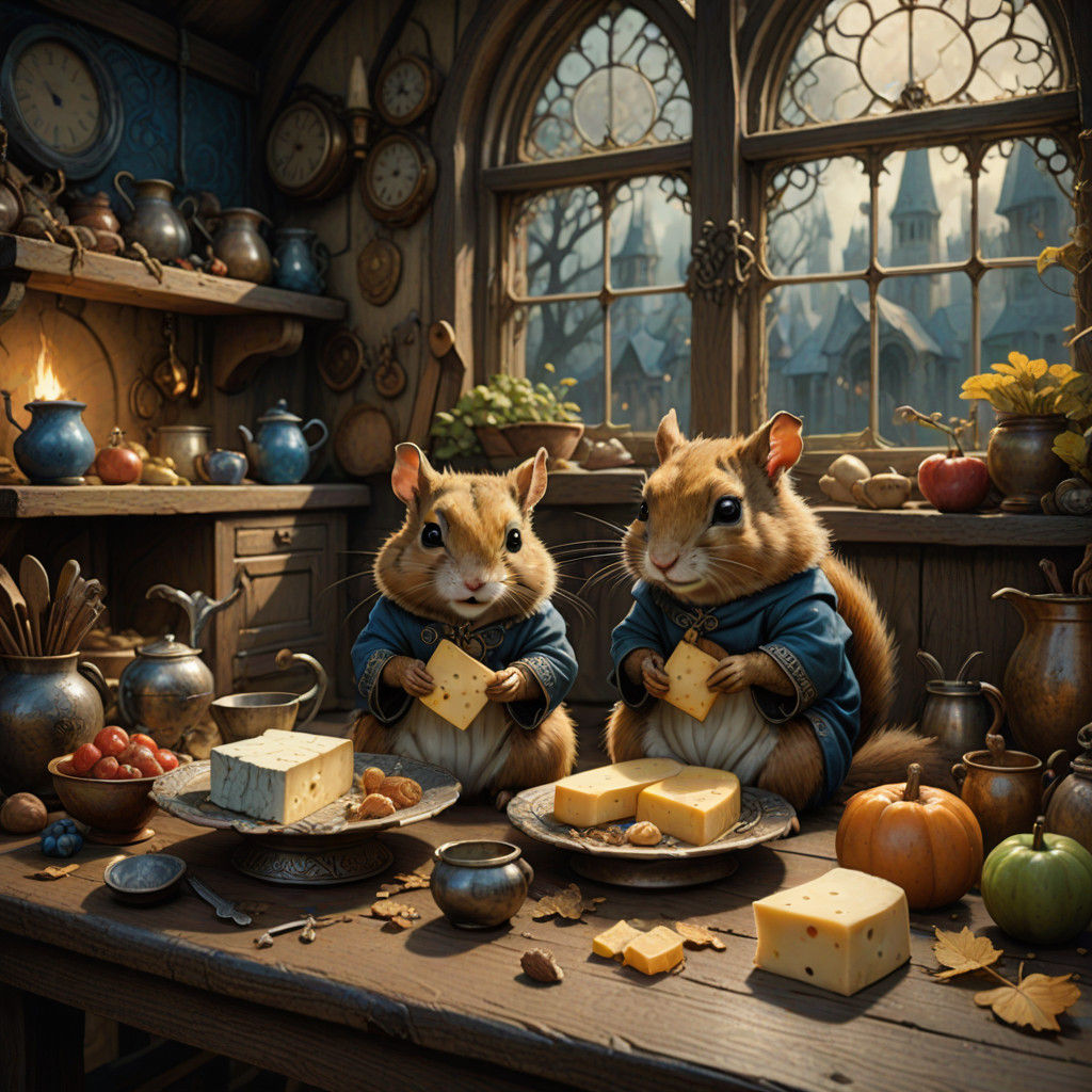 Fantastical Whimsy: Hamster and Squirrel Feast in Vintage Ki...