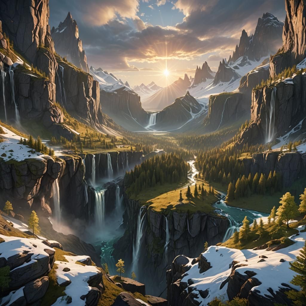 Majestic High Fantasy Mountain Range at Sunrise