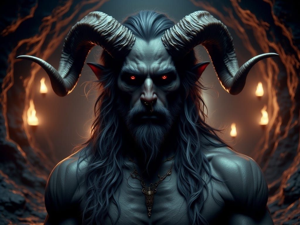 Tenebrism-Inspired Demon in Amethyst Chamber, Close-Up Portr...