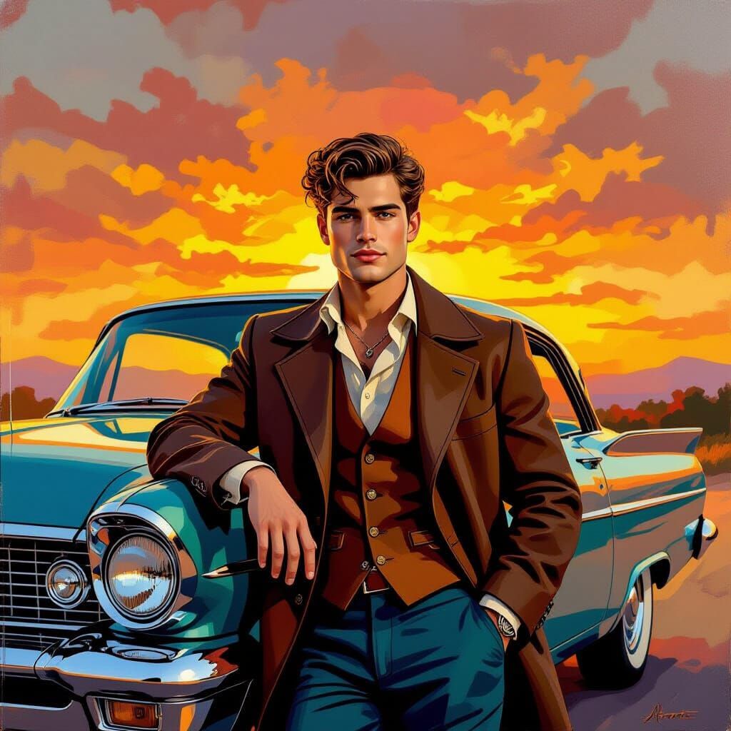 Retro Man and Classic Car in Pop Art Style