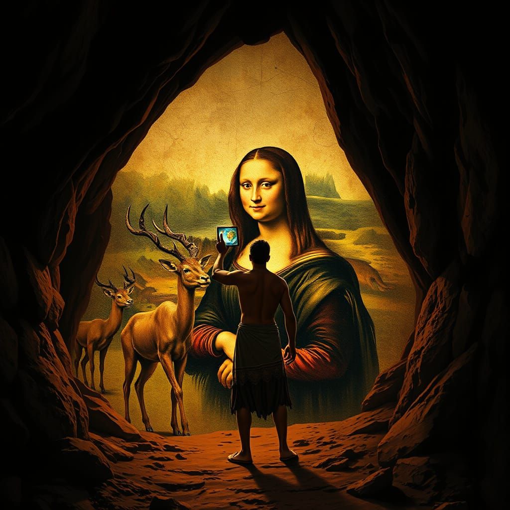 imagine a caveman creating a likeness of Mona Lisa on a cave wall -