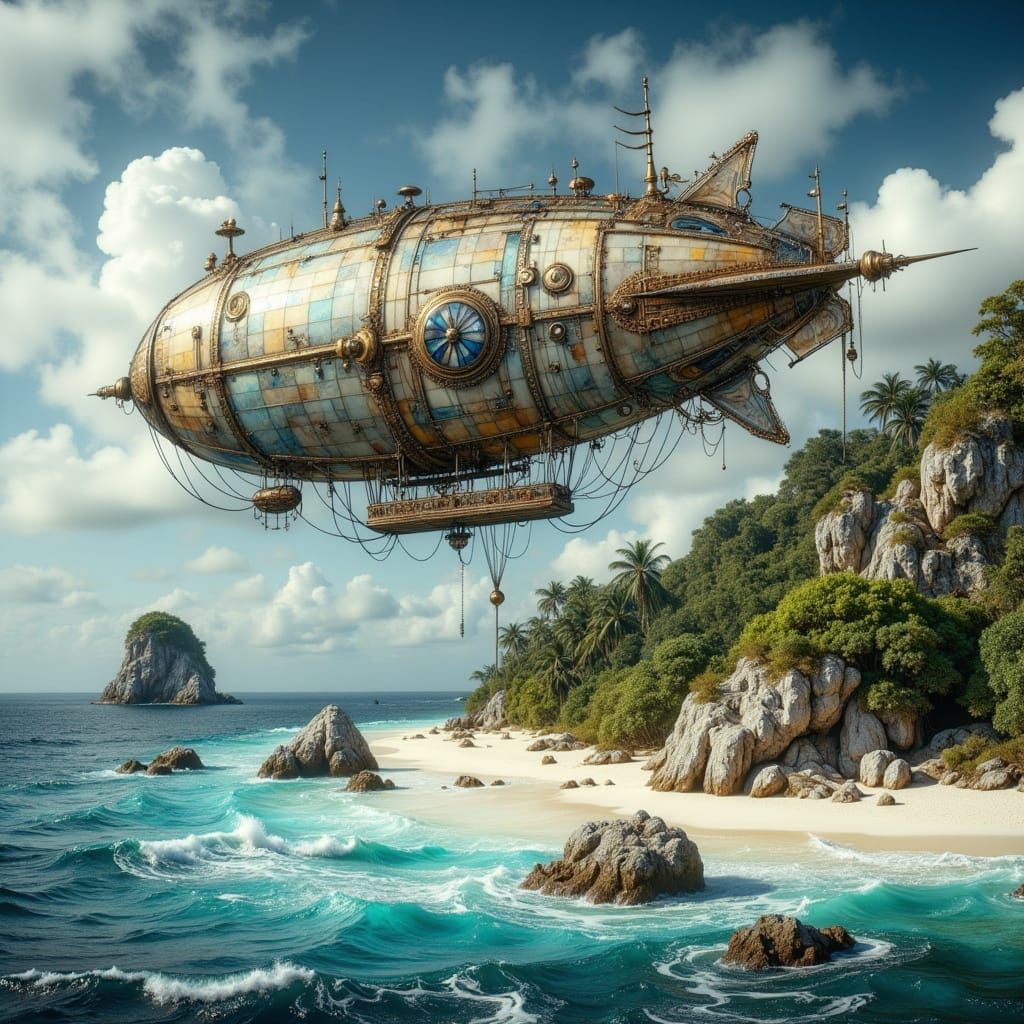 Steampunk Zeppelin Soars Over Tropical Island Paradise