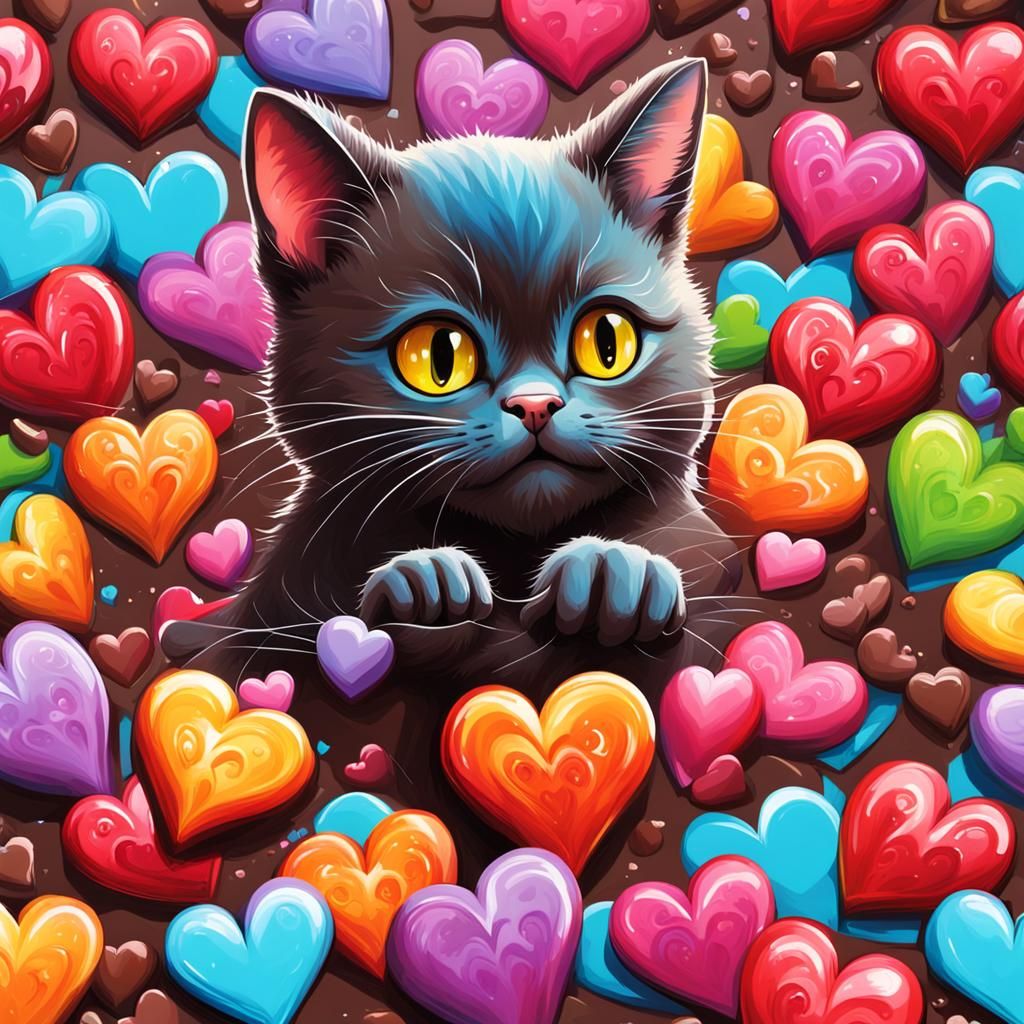 Chocolate Cat Surrounded by Hearts in Graffiti Art