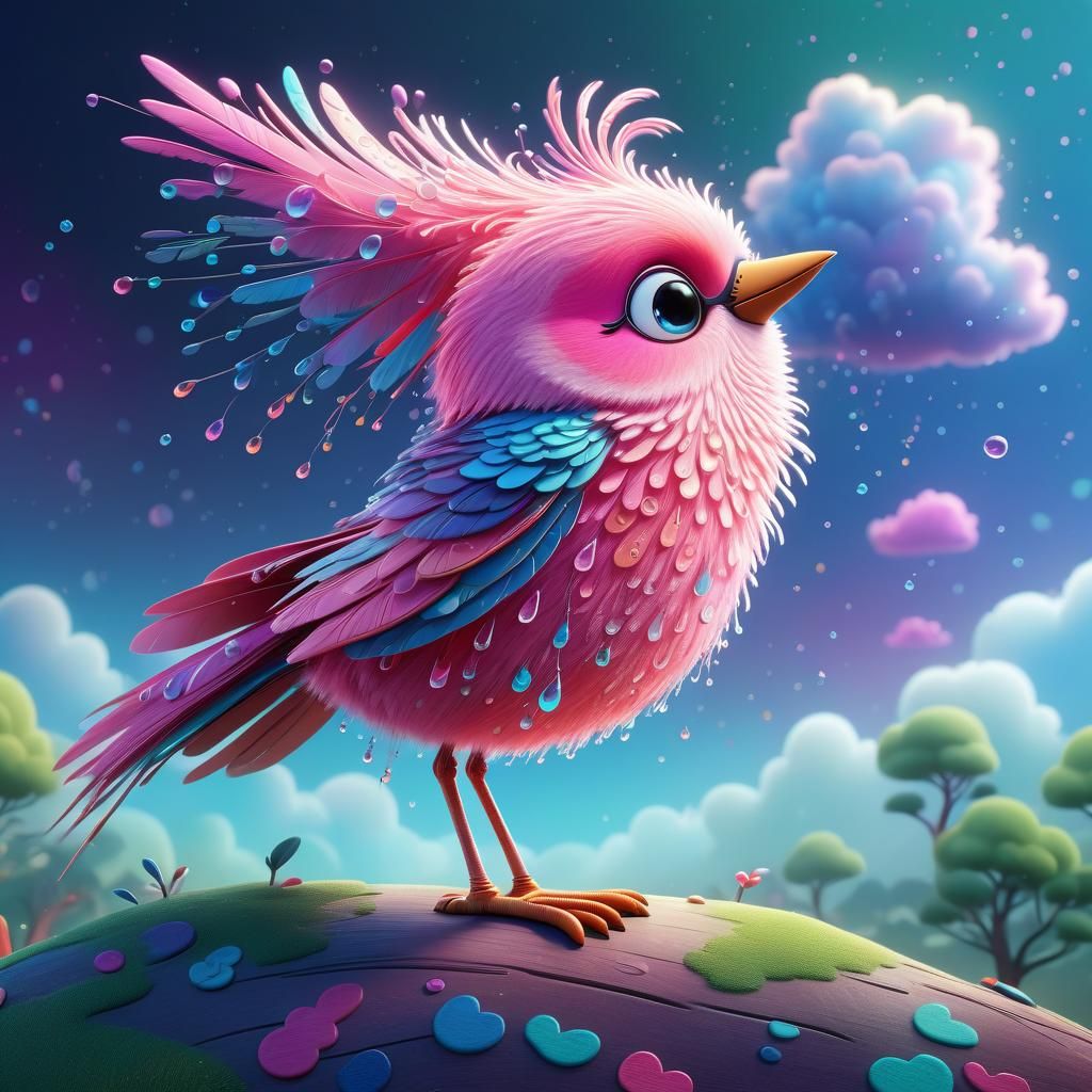 Animated Pink Bird in Fantasy Tree Illustration