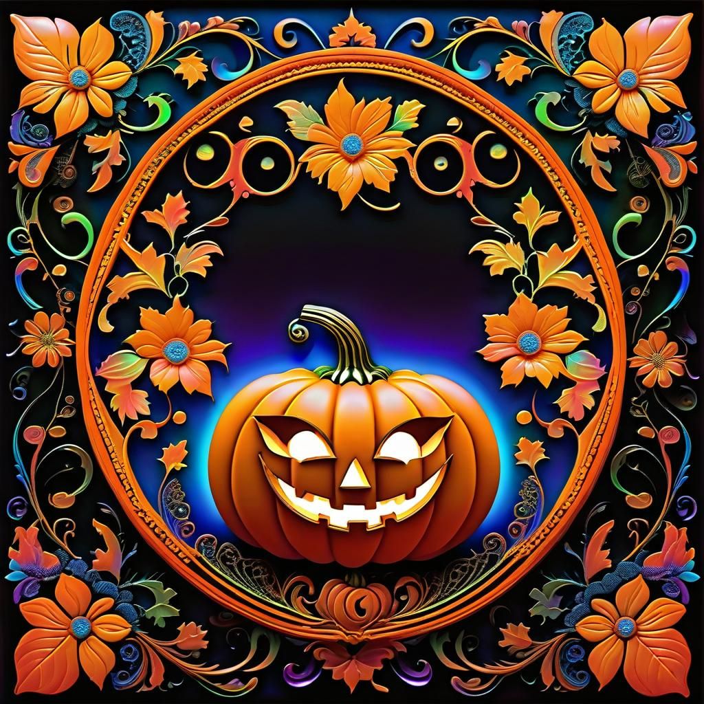 Intricate Carved Pumpkin with Floral Details in Neon