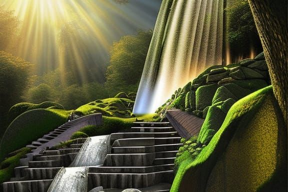 Majestic Mountain Waterfall Stone Staircase: Digital Matte P...